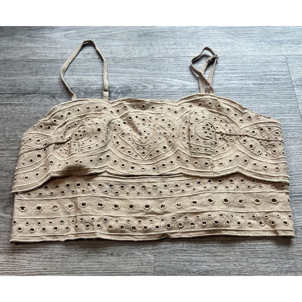 Jason Wu Women Spaghetti Strap Linen Eyelet Smocked Crop‎ Top Sand NWOT Sz 6